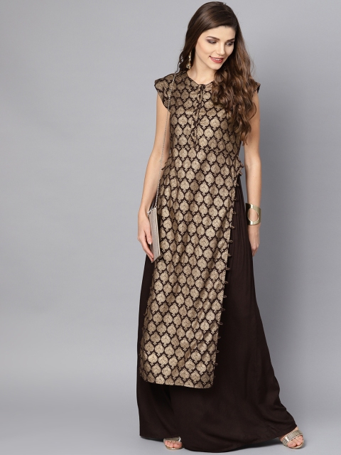 

Nayo Women Coffee Brown & Golden Printed Kurta with Skirt