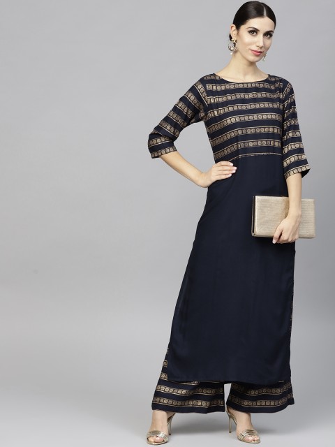 

Nayo Women Navy Blue & Golden Striped Kurta with Palazzos