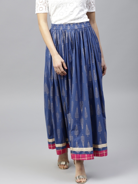 

Nayo Women Blue & Golden Printed Maxi Flared Pure Cotton Skirt