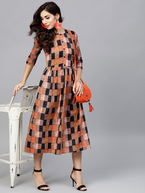 

Nayo Women Brown & Black Checked Midi A-Line Dress