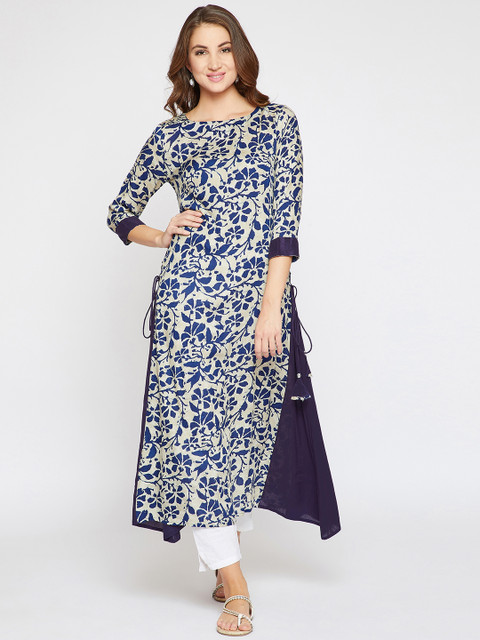 

RARE ROOTS Women Grey & Navy Blue Printed A-Line Asymmetric Kurta