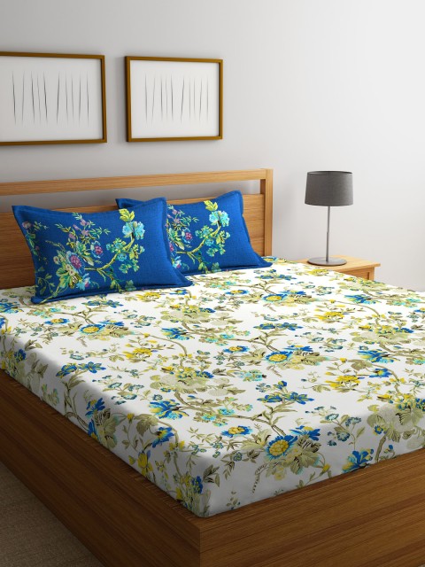 

Portico New York Off-White & Blue Floral Flat 144 TC Cotton 1 King Bedsheet with 2 Pillow Covers