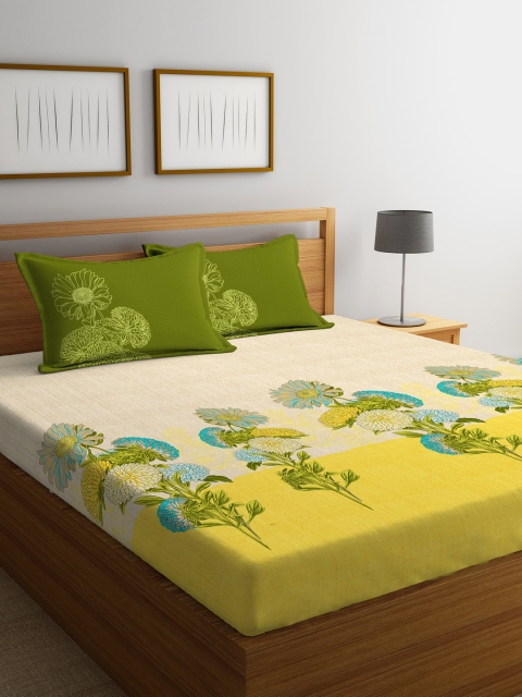 

Portico New York Beige & Green Floral Flat 144 TC Cotton 1 King Bedsheet with 2 Pillow Covers