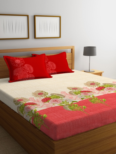 

Portico New York Beige & Red Floral Flat 144 TC Cotton 1 King Bedsheet with 2 Pillow Covers