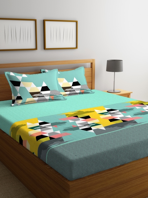 

Portico New York Turquoise Blue & Yellow Flat 144 TC 1 King Bedsheet 2 Pillow Covers
