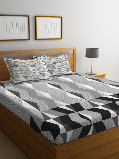

Portico New York Grey & Black Abstract Flat 144 TC Cotton 1 King Bedsheet with 2 Pillow Covers