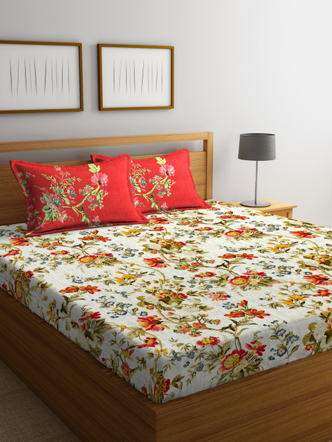 

Portico New York Beige & Red Floral Flat 144 TC Cotton 1 King Bedsheet with 2 Pillow Covers