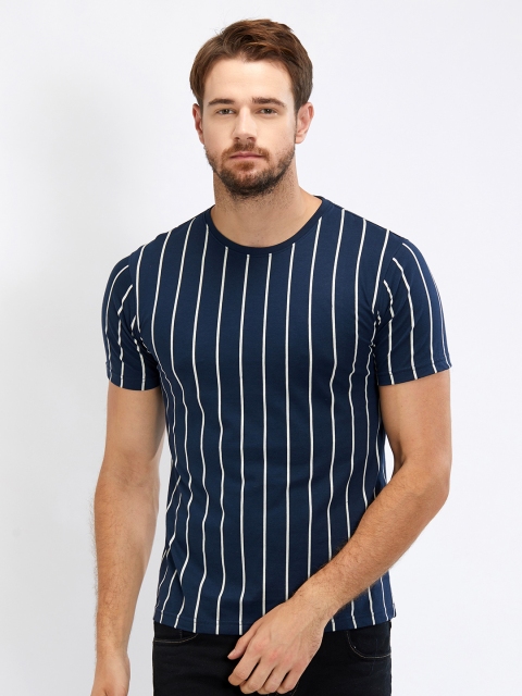 

Maniac Men Navy Blue Striped Round Neck Pure Cotton T-shirt