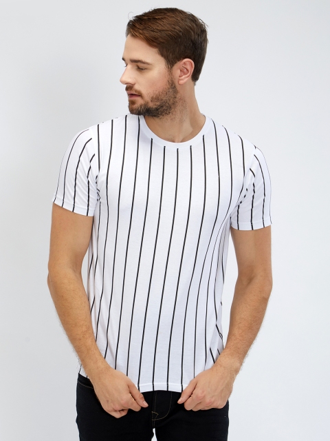 

Maniac Men White Striped Round Neck T-shirt