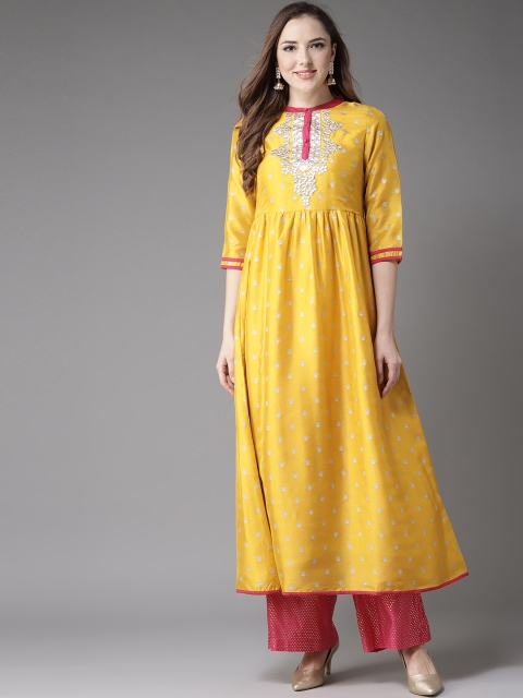 

Moda Rapido Women Mustard Yellow & Silver Printed A-Line Kurta