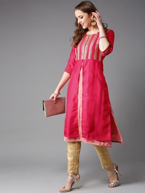 

Moda Rapido Women Pink & Golden Gotta Patti Yoke Design A-Line Layered Kurta