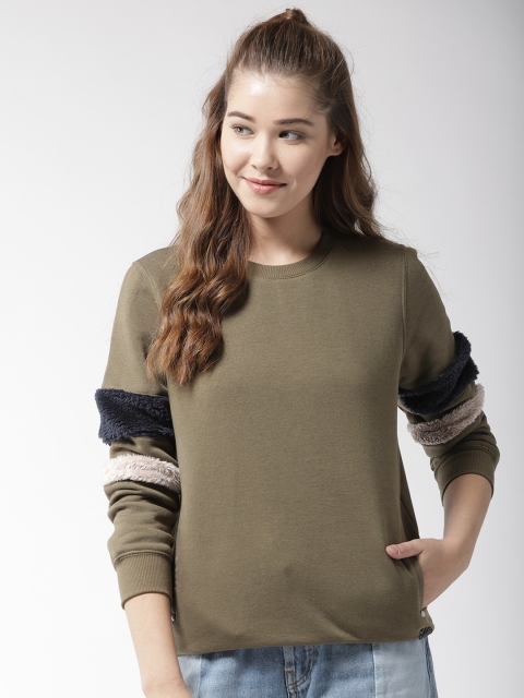 

Madame Women Olive Green Solid Sweatshirt