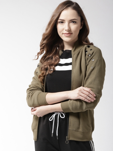 

Madame Women Olive Green Solid Sweatshirt