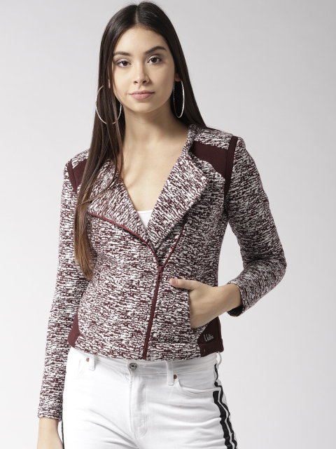 

Madame Women Burgundy & White Self Design Asymmetric Closure Tailored Jacket