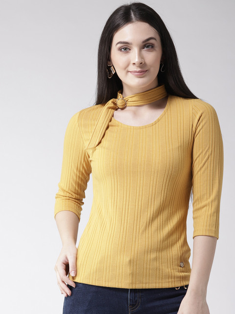 

Madame Women Mustard Yellow Self-Striped Top