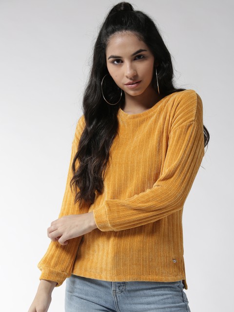 

Madame Women Mustard Yellow Self-Striped Pullover