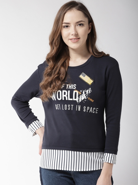 

Madame Women Navy Blue Printed Pure Cotton Top