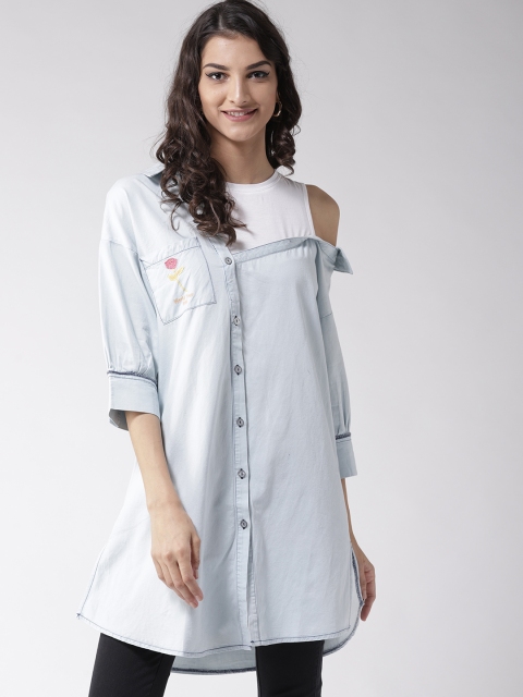 

Madame Women Blue & White Regular Fit Solid Casual Longline Shirt