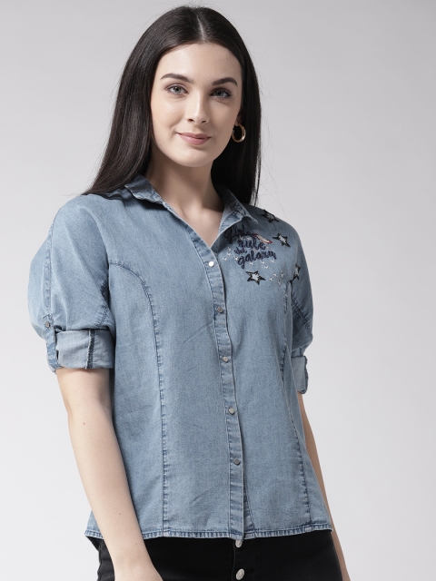 

Madame Women Blue Solid Chambray Applique Detail Casual Shirt
