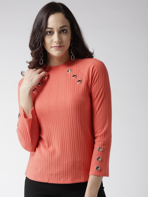 

Madame Women Coral Orange Self Striped Top