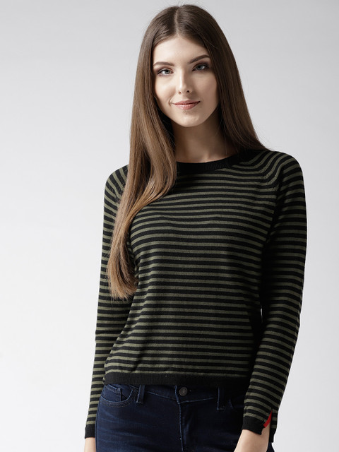 

Madame Women Olive Green & Black Striped Pullover