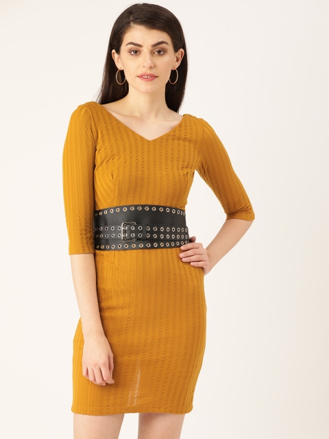 

Madame Women Mustard Yellow Self-Striped Sheath Dress