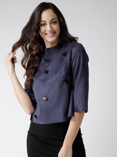 

Madame Women Navy Blue Suede Finish Solid Top