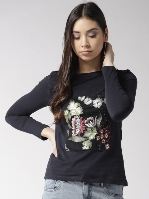 

Madame Women Navy Blue Embellished Pure Cotton Top
