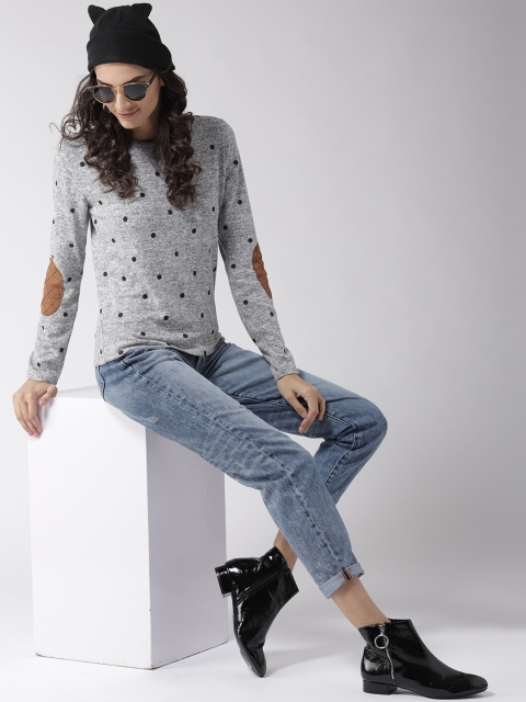 

Madame Women Grey Melange & Black Printed Top