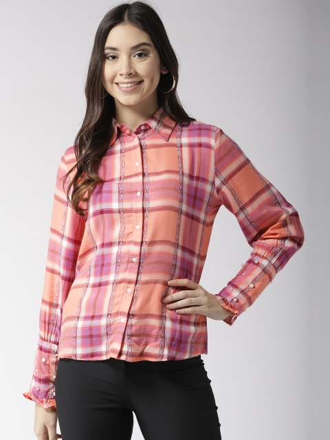 

Madame Women Peach-Coloured & Pink Regular Fit Checked Casual Shirt