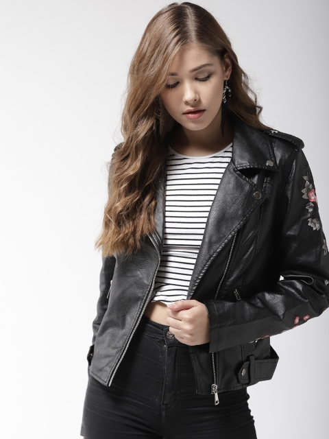 

Madame Women Black Embroidered Biker Jacket