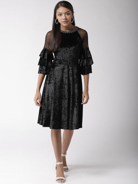 

Madame Women Black Solid Velvet Finish Fit and Flare Dress