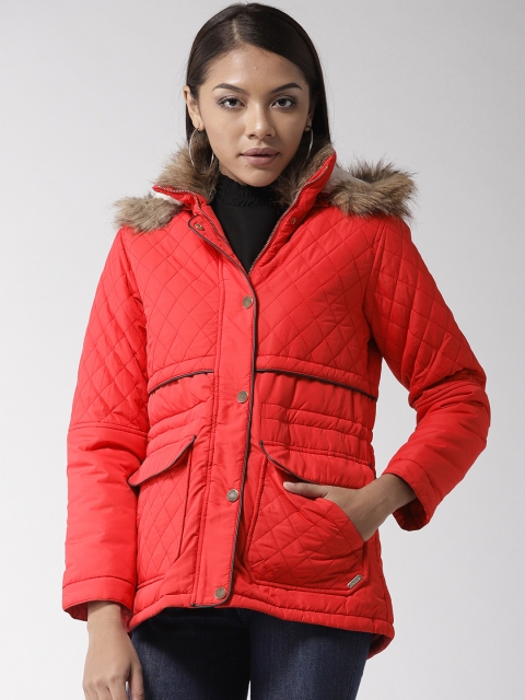 

Madame Women Red Solid Hooded Quilted Parka Jacket