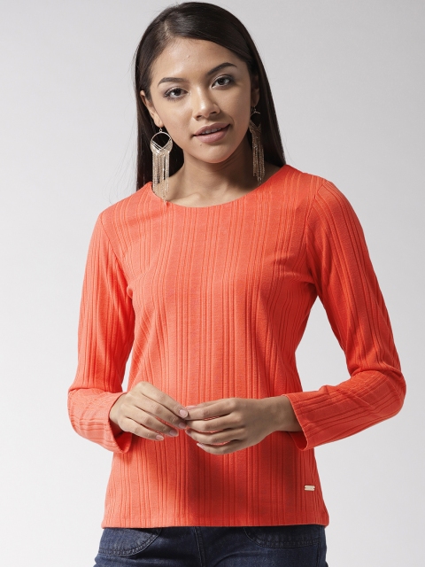 

Madame Women Orange Self-Striped Styled Back Top