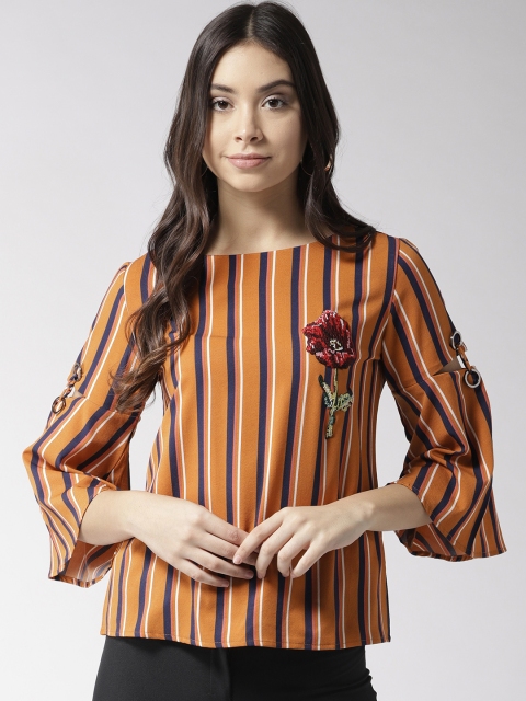 

Madame Women Mustard Brown Navy Blue Striped Top