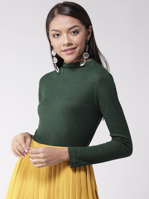 

Madame Women Green Self Striped Fitted Top