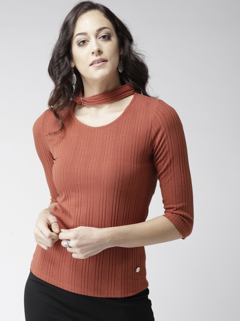 

Madame Women Rust Brown Self Striped Fitted Top