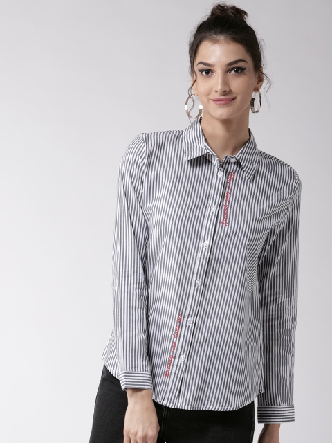 

Madame Women Grey & White Regular Fit Striped Casual Shirt