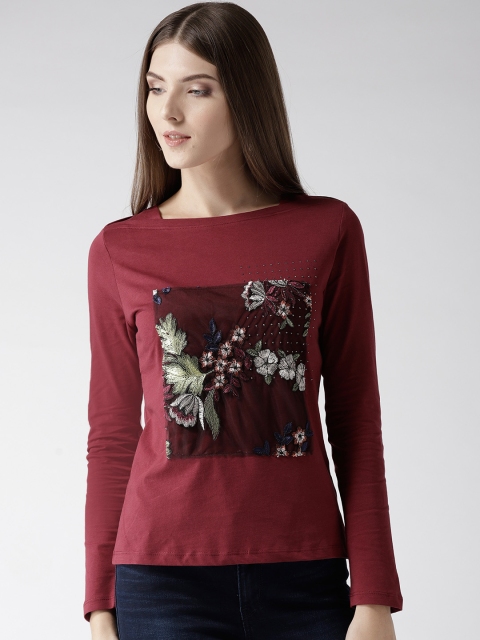 

Madame Women Maroon Embroidered Pure Cotton Top