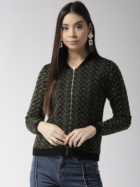 

Madame Women Green & Black Self-Design Cardigan
