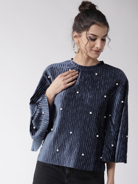 

Madame Women Navy Blue Velvet Finish Self Design Top