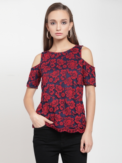 

Latin Quarters Women Red & Navy Blue Self Design Lace Top