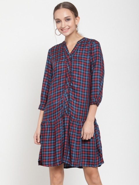 

Latin Quarters Women Red & Blue Checked Drop-Waist Dress