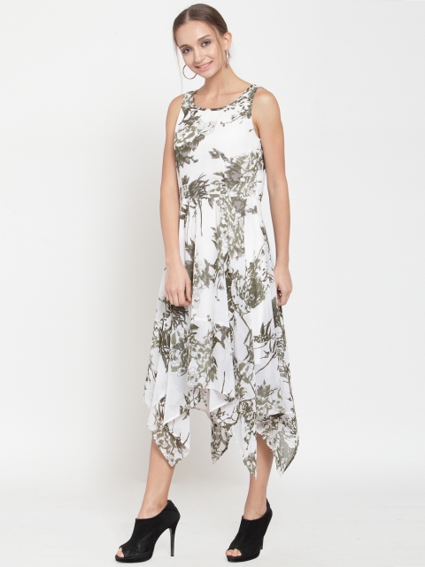 

Latin Quarters Women White & Green Printed Fit and Flare Dress
