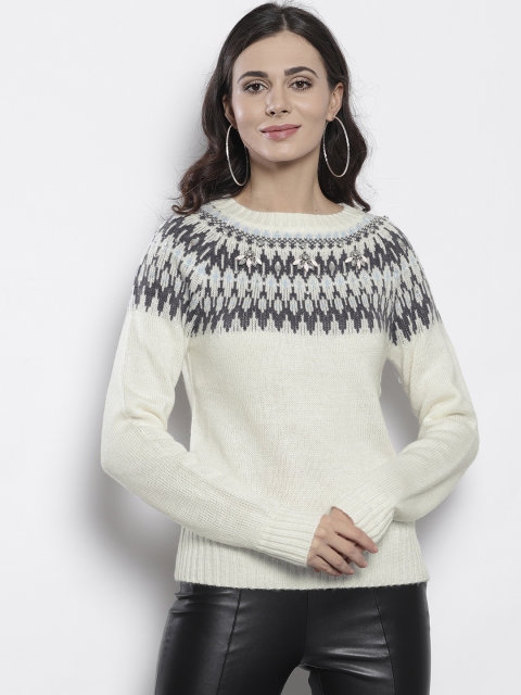 

DOROTHY PERKINS Women Off-White & Grey Self Design Pullover