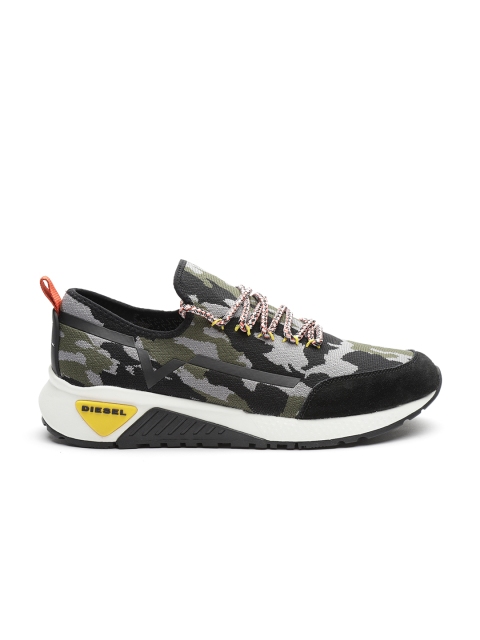

DIESEL Men Olive Green & Black Camouflage Print Sneakers