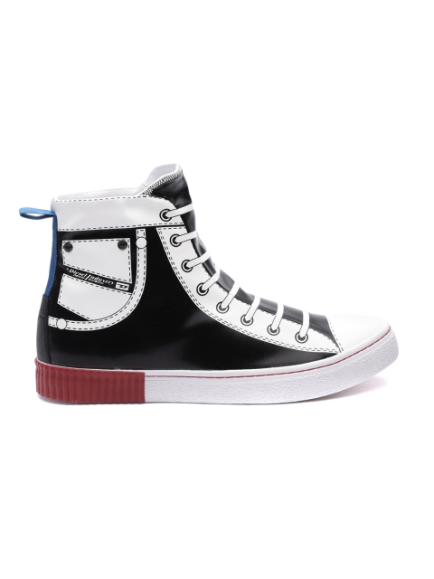

DIESEL Men Black & White Printed Mid-Top Slip-On Sneakers
