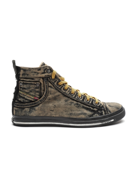 

DIESEL Men Beige & Black Solid Mid-Top Denim Sneakers