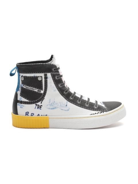 

DIESEL Men White & Black Printed Canvas Sneakers