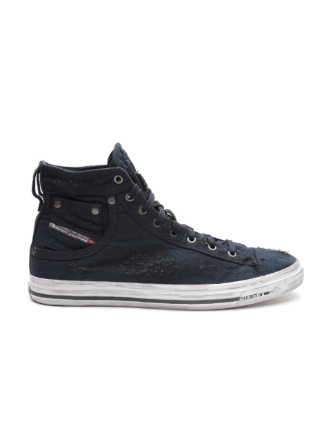 

DIESEL Men Navy Blue Distressed Mid-Top Denim Sneakers